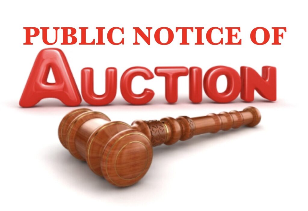 A wooden gavel sitting next to the words " public notice of auction ".